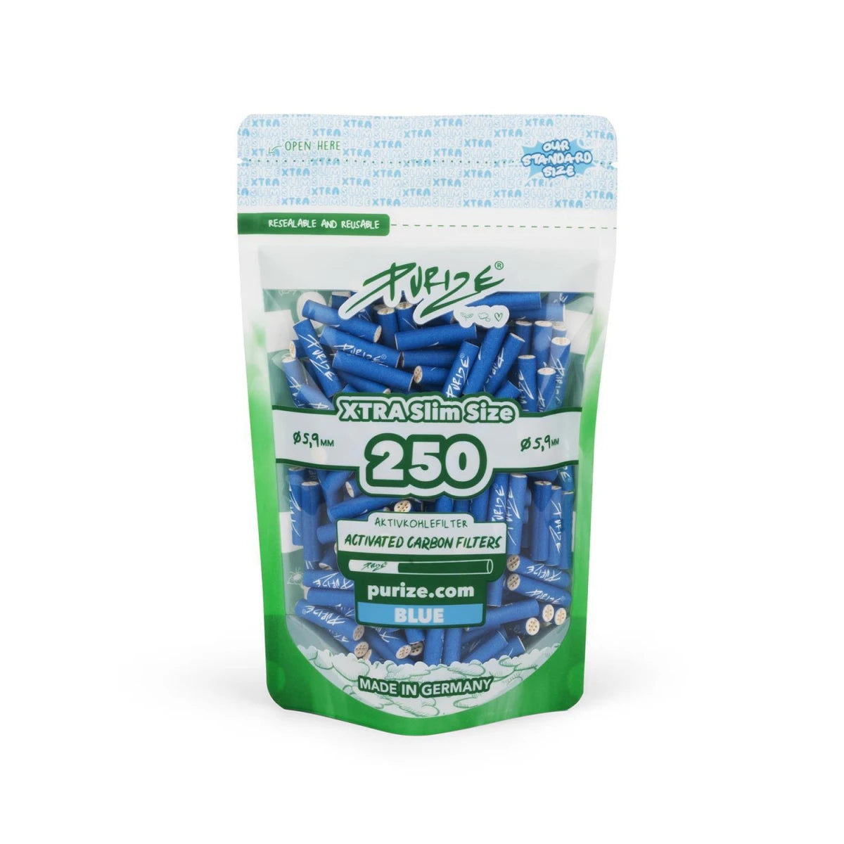 PURIZE Aktivkohlefilter XTRA Slim 6 mm - 250 Stück - Blau