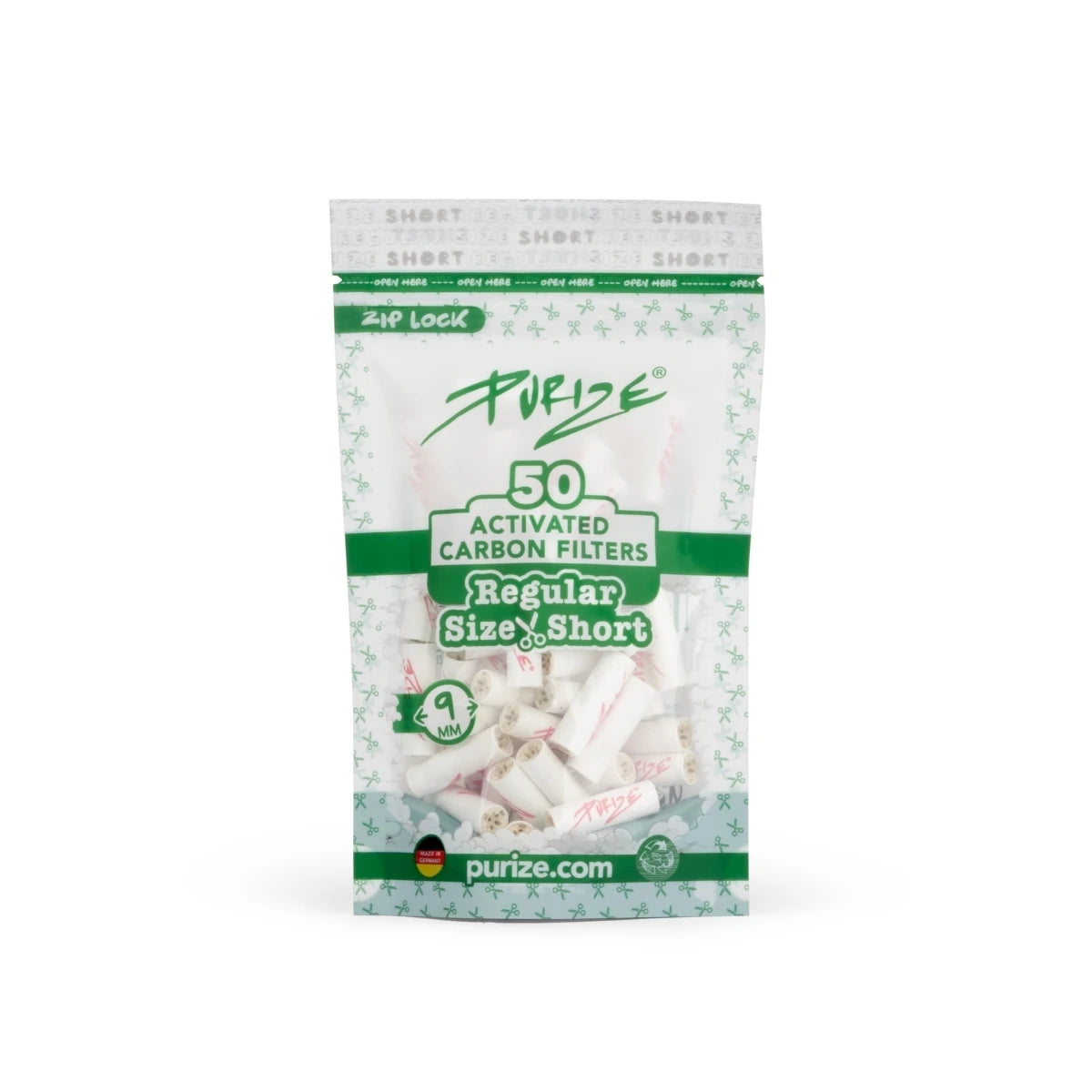 PURIZE Aktivkohlefilter Regular Short 9 mm - 50 Stück - Weiß