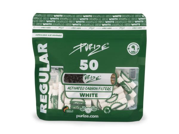 PURIZE Aktivkohlefilter Regular Size 9 mm - 50 Stück - Weiß